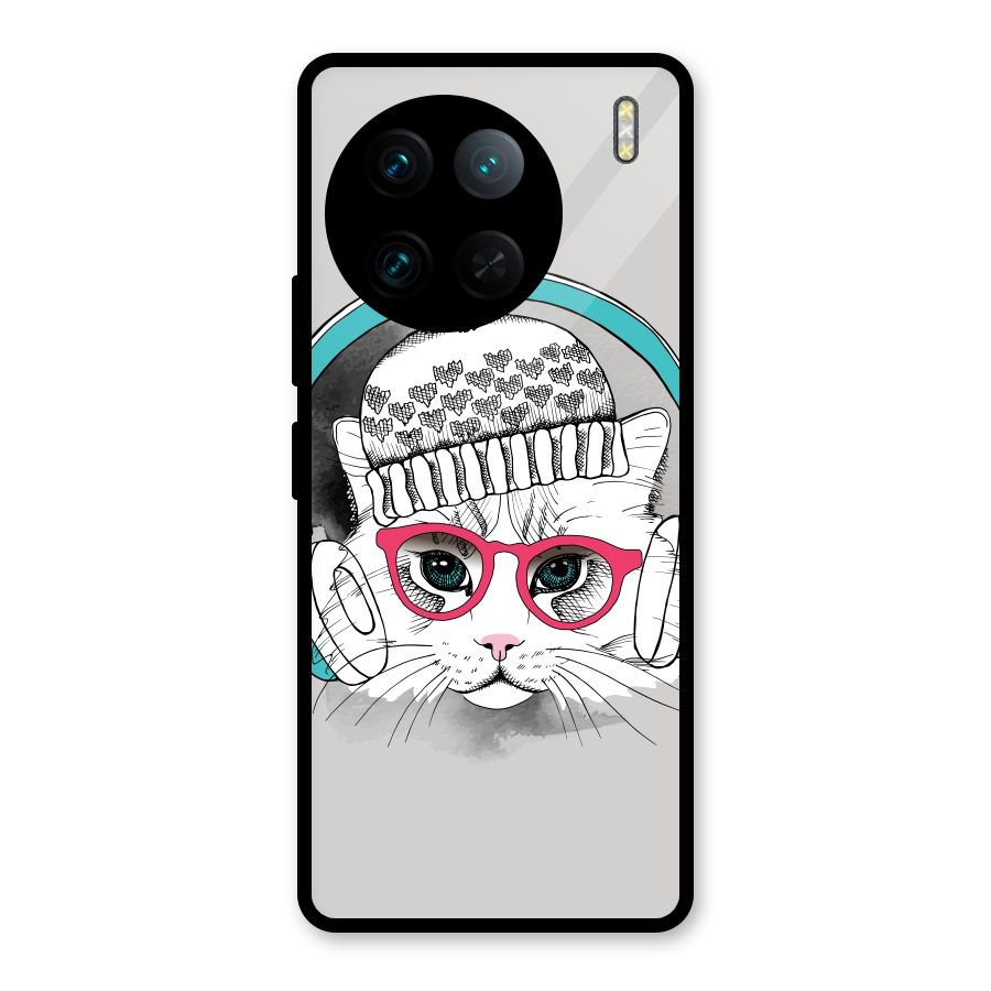 Cat Headphones Glass Back Case for Vivo X90 Pro