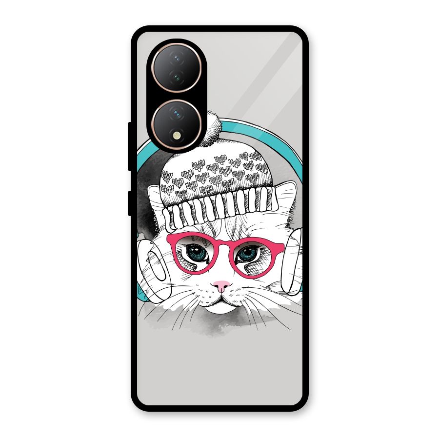 Cat Headphones Glass Back Case for Vivo Y100A