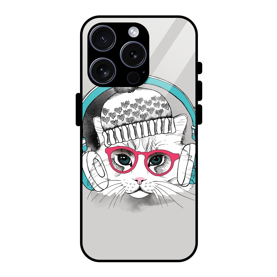 Cat Headphones Glass Back Case for iPhone 15 Pro