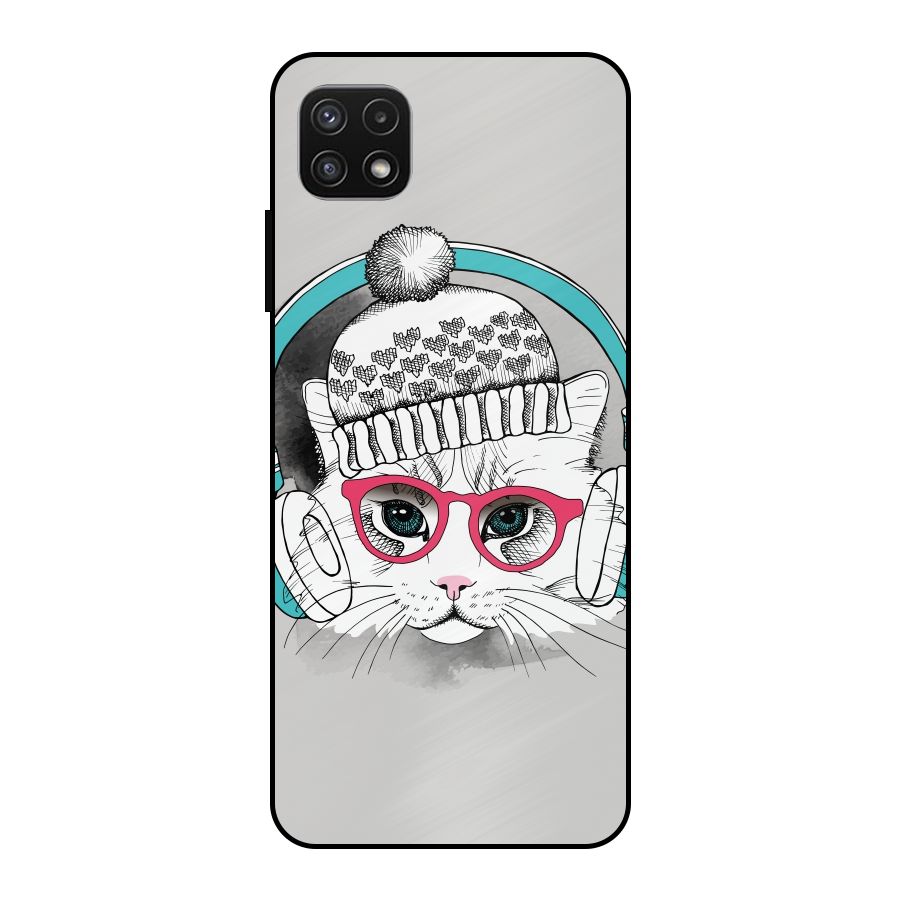Cat Headphones Metal Back Case for Galaxy A22 5G