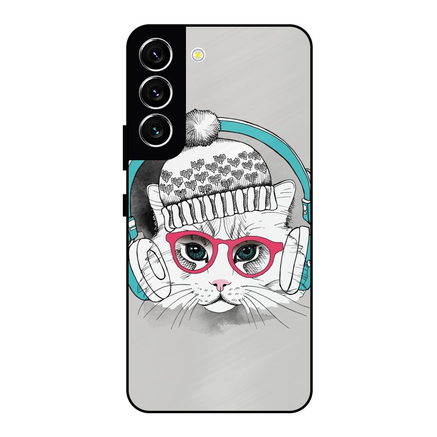 Cat Headphones Metal Back Case for Galaxy S22 5G