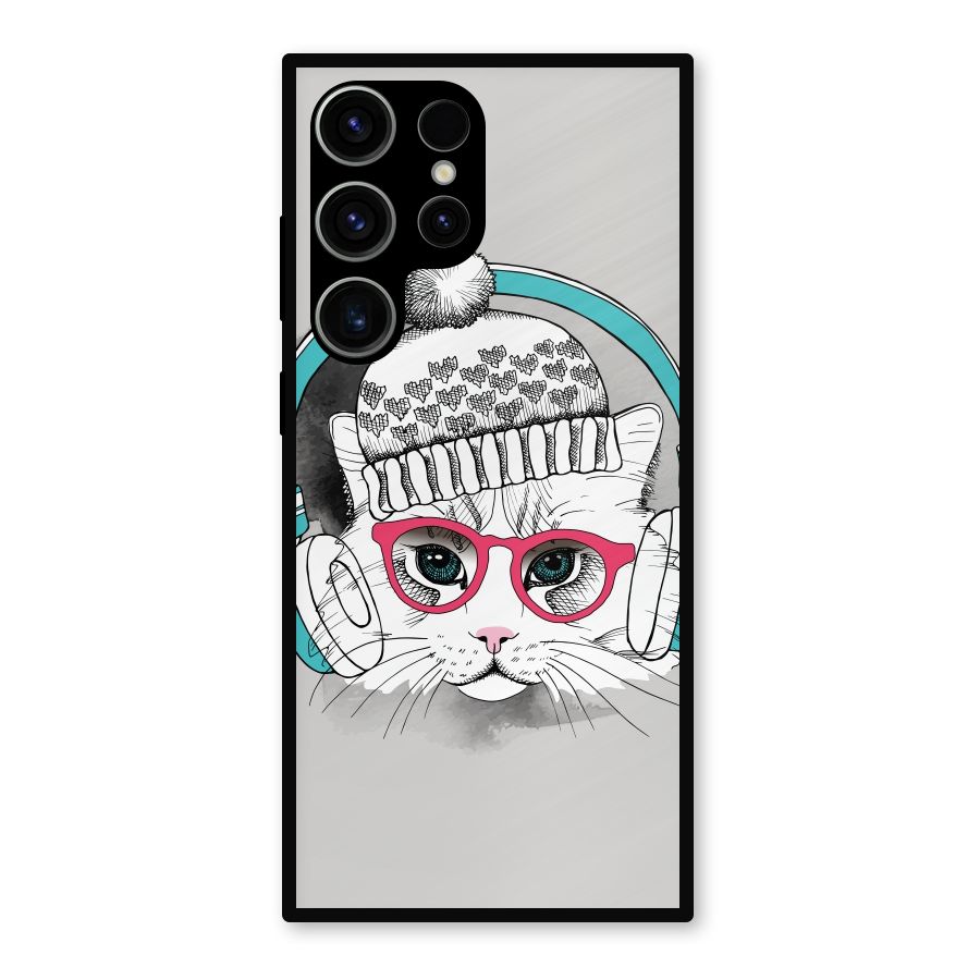 Cat Headphones Metal Back Case for Galaxy S23 Ultra