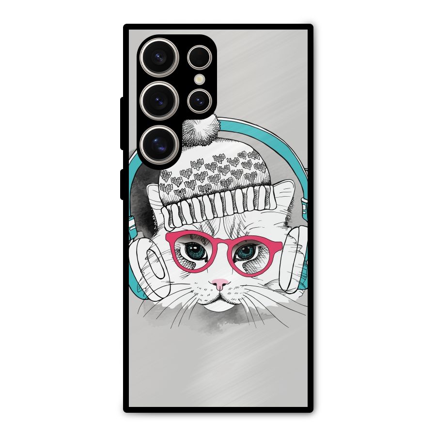 Cat Headphones Metal Back Case for Galaxy S24 Ultra