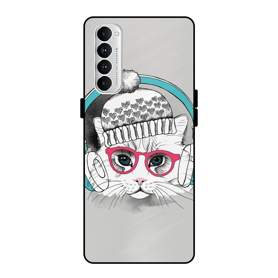 Cat Headphones Metal Back Case for Oppo Reno4 Pro