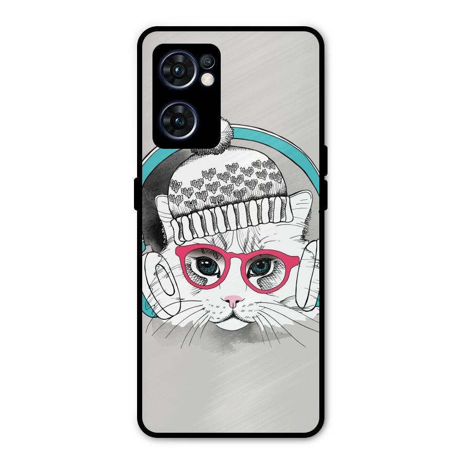 Cat Headphones Metal Back Case for Oppo Reno7 5G