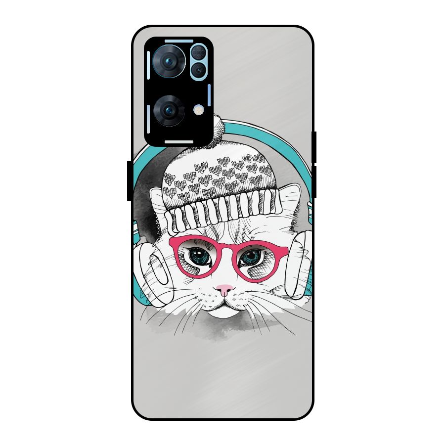 Cat Headphones Metal Back Case for Oppo Reno7 Pro 5G