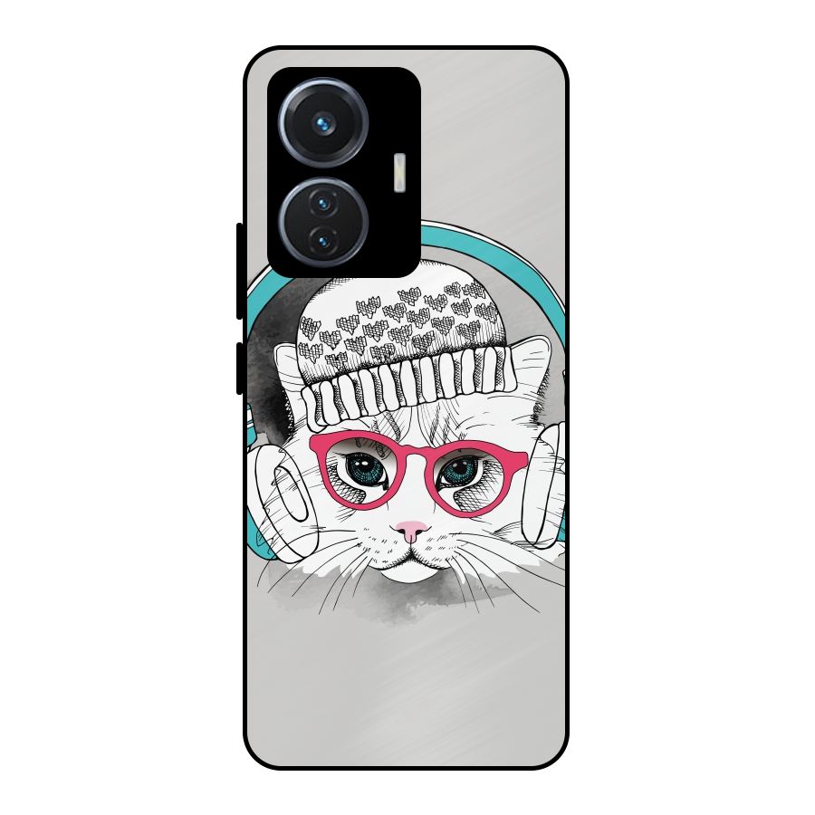 Cat Headphones Metal Back Case for Vivo T1 44W