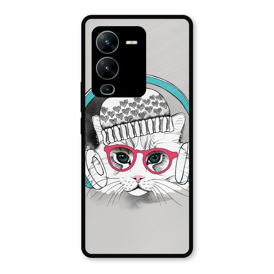 Cat Headphones Metal Back Case for Vivo V25 Pro