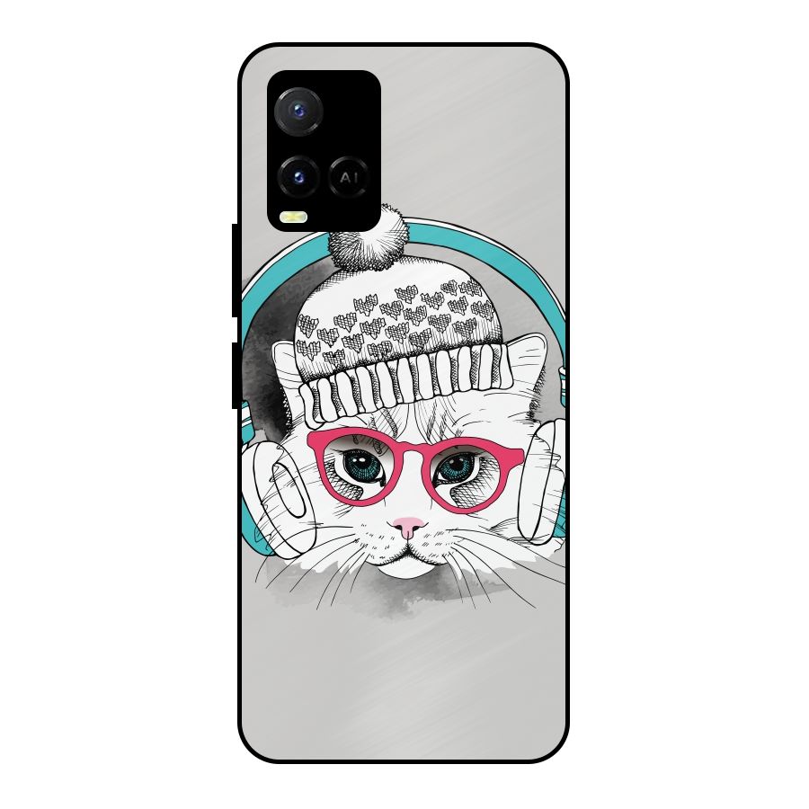 Cat Headphones Metal Back Case for Vivo Y21G