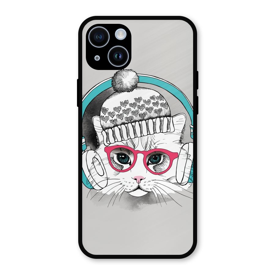 Cat Headphones Metal Back Case for iPhone 14