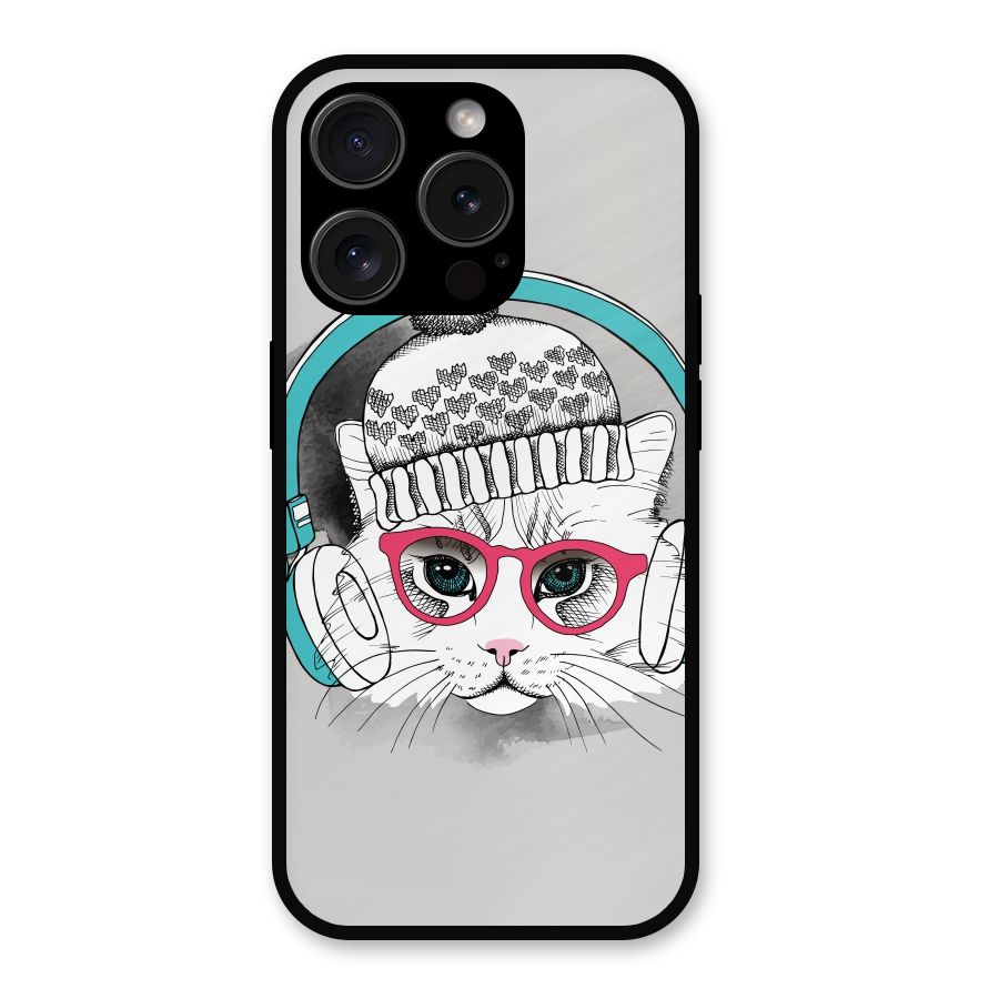 Cat Headphones Metal Back Case for iPhone 15 Pro