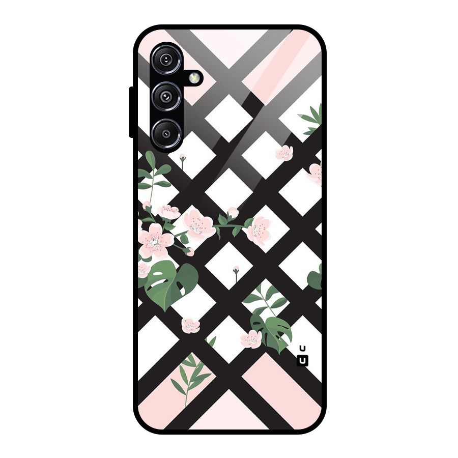 Check Floral Stripes Glass Back Case for Galaxy M34 5G