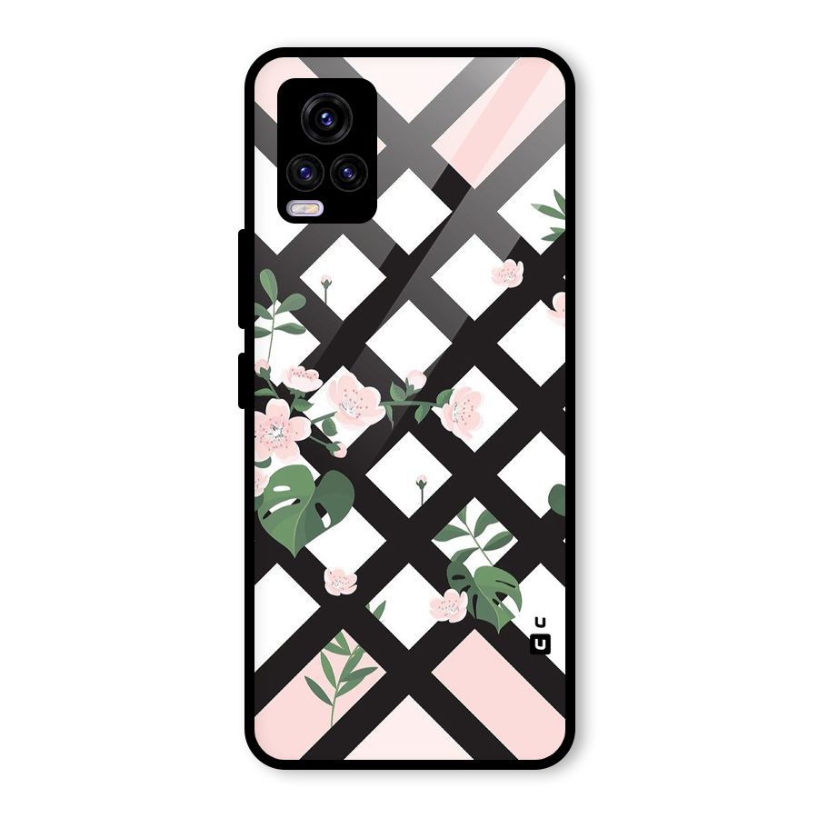 Check Floral Stripes Glass Back Case for Vivo V20 2021