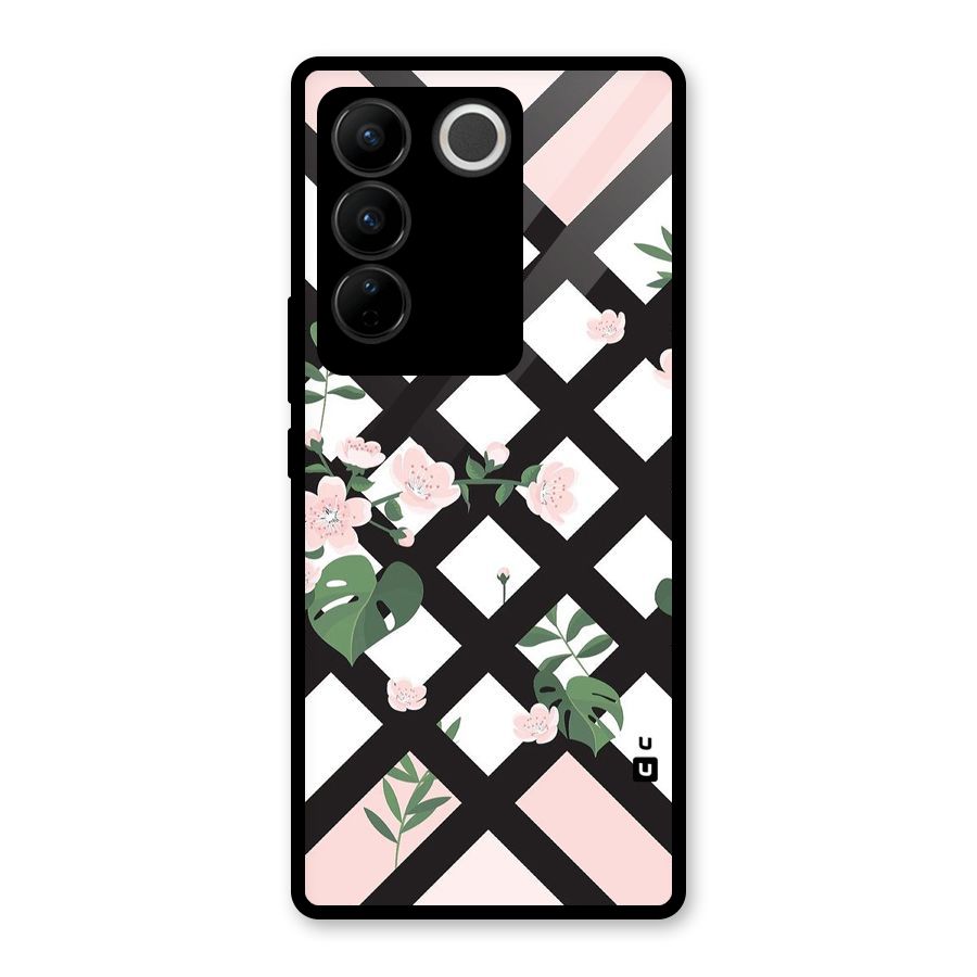 Check Floral Stripes Glass Back Case for Vivo V27 Pro