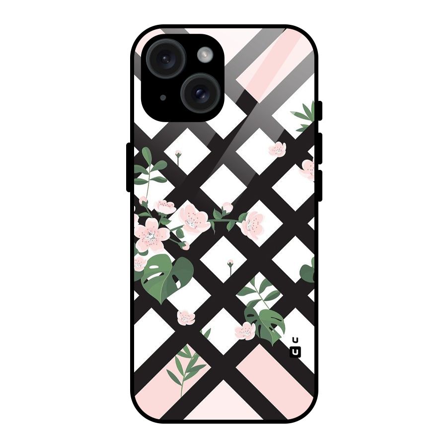 Check Floral Stripes Glass Back Case for iPhone 15