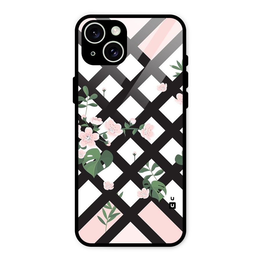 Check Floral Stripes Glass Back Case for iPhone 15 Plus