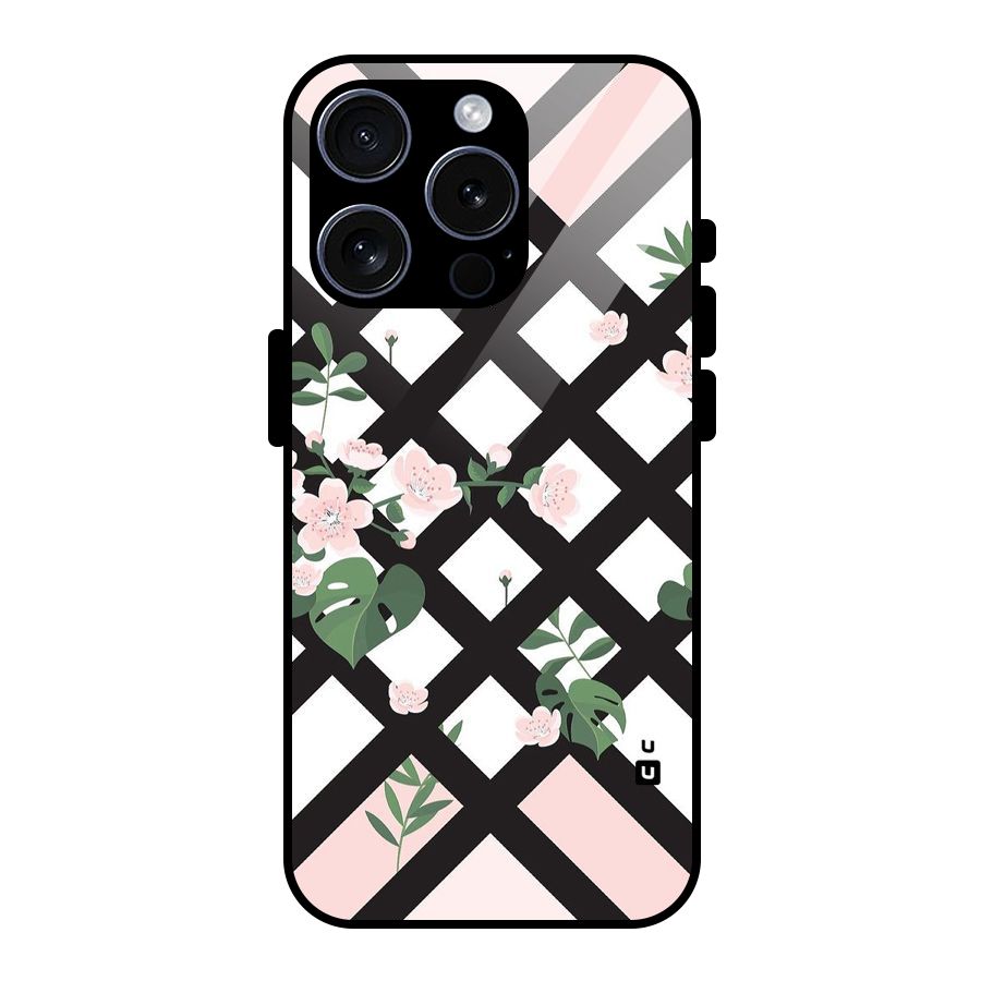 Check Floral Stripes Glass Back Case for iPhone 15 Pro