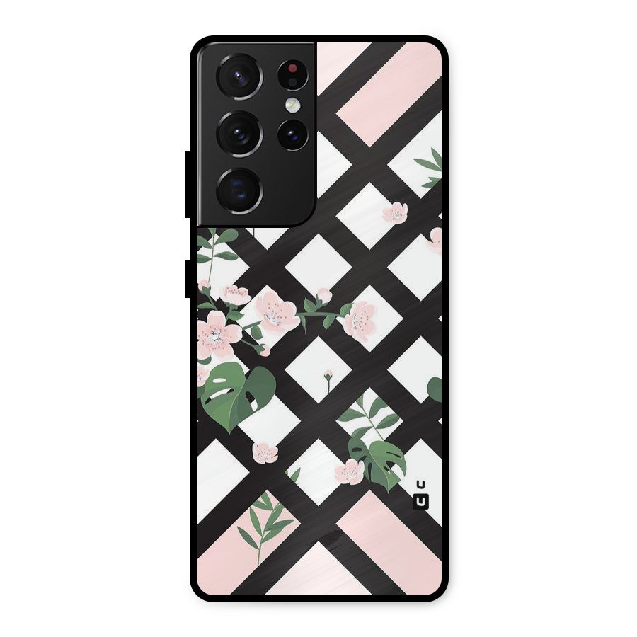 Check Floral Stripes Metal Back Case for Galaxy S21 Ultra 5G