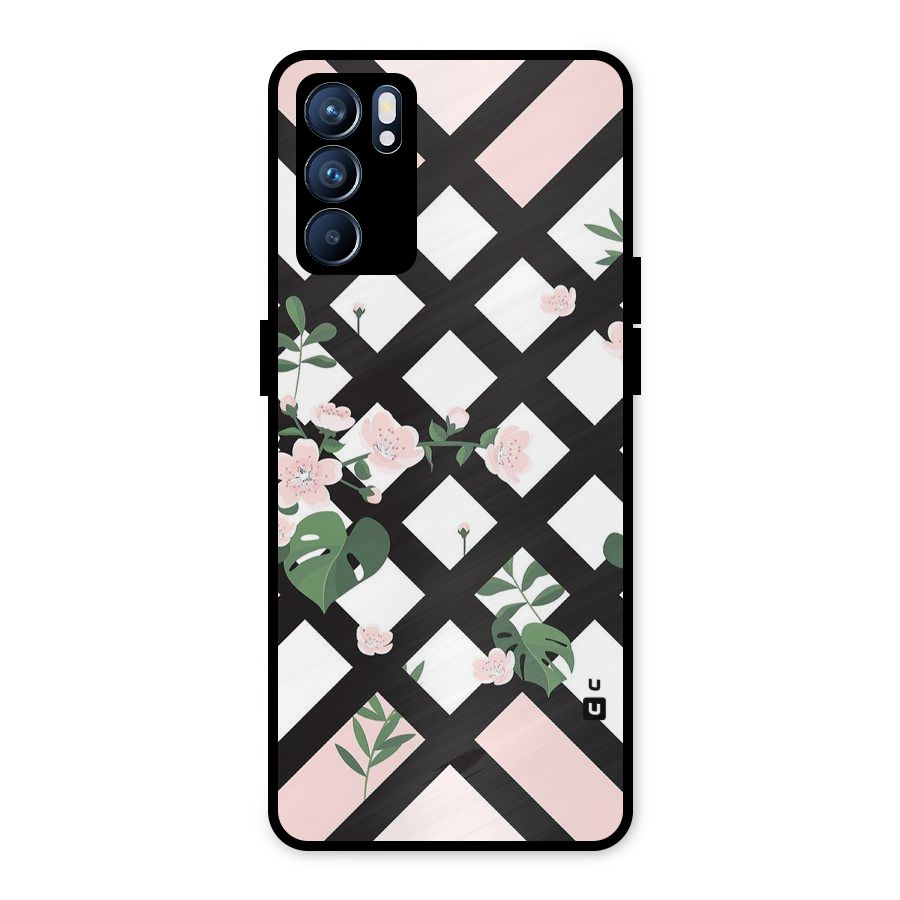 Check Floral Stripes Metal Back Case for Oppo Reno6 5G