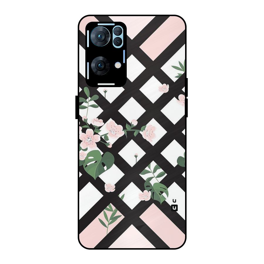 Check Floral Stripes Metal Back Case for Oppo Reno7 Pro 5G