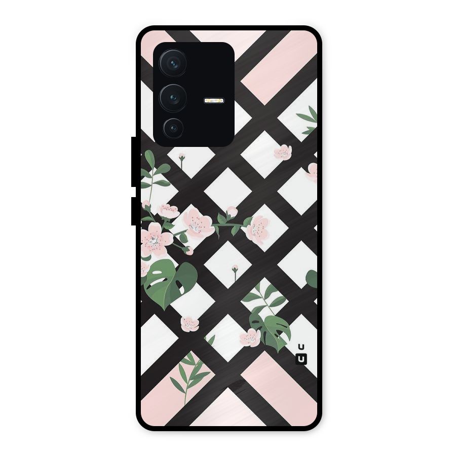 Check Floral Stripes Metal Back Case for Vivo V23 5G