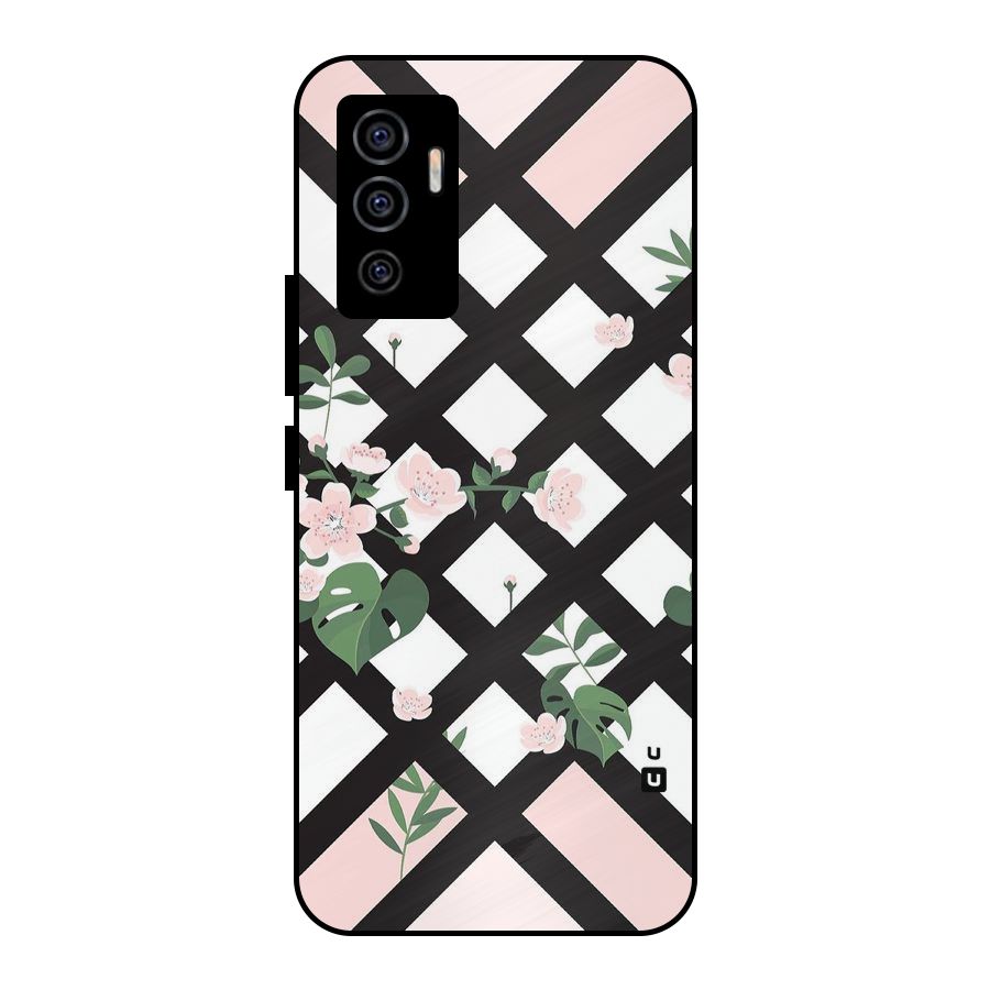 Check Floral Stripes Metal Back Case for Vivo V23e