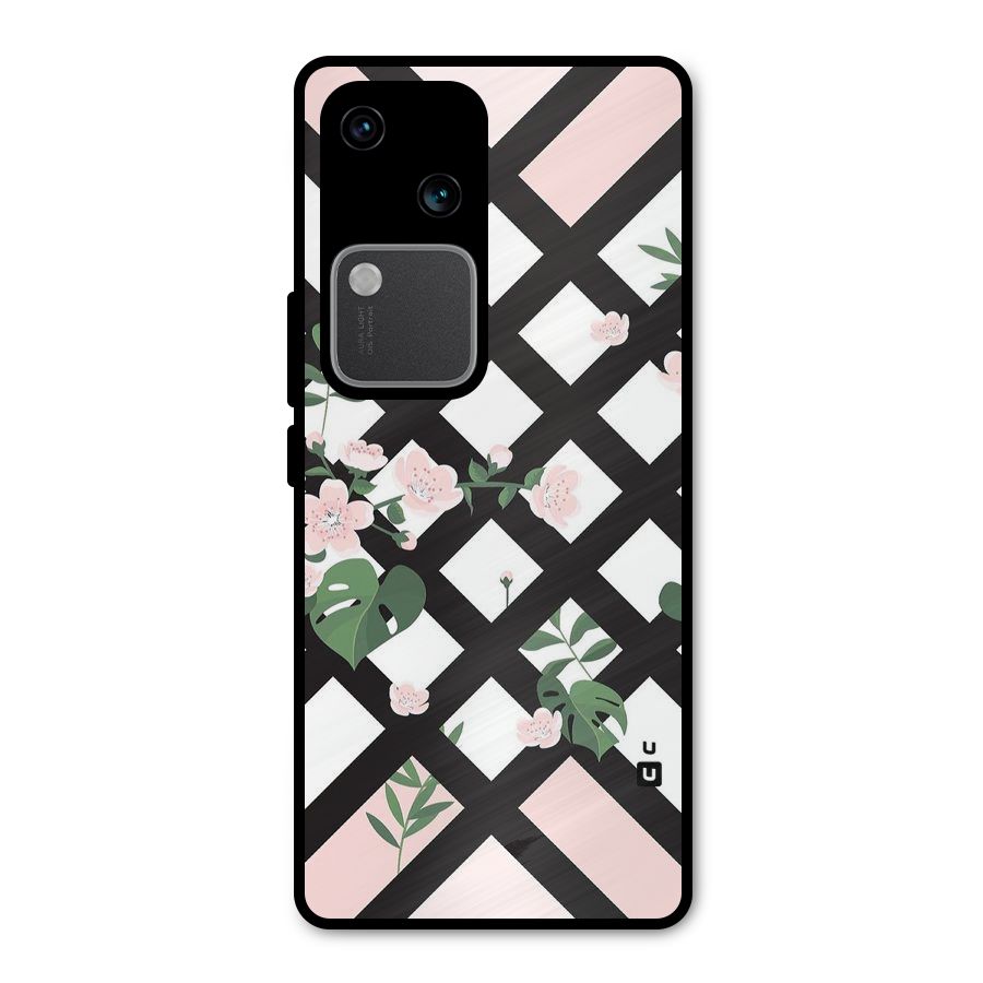 Check Floral Stripes Metal Back Case for Vivo V30 Pro