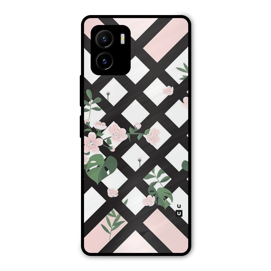 Check Floral Stripes Metal Back Case for Vivo Y15s