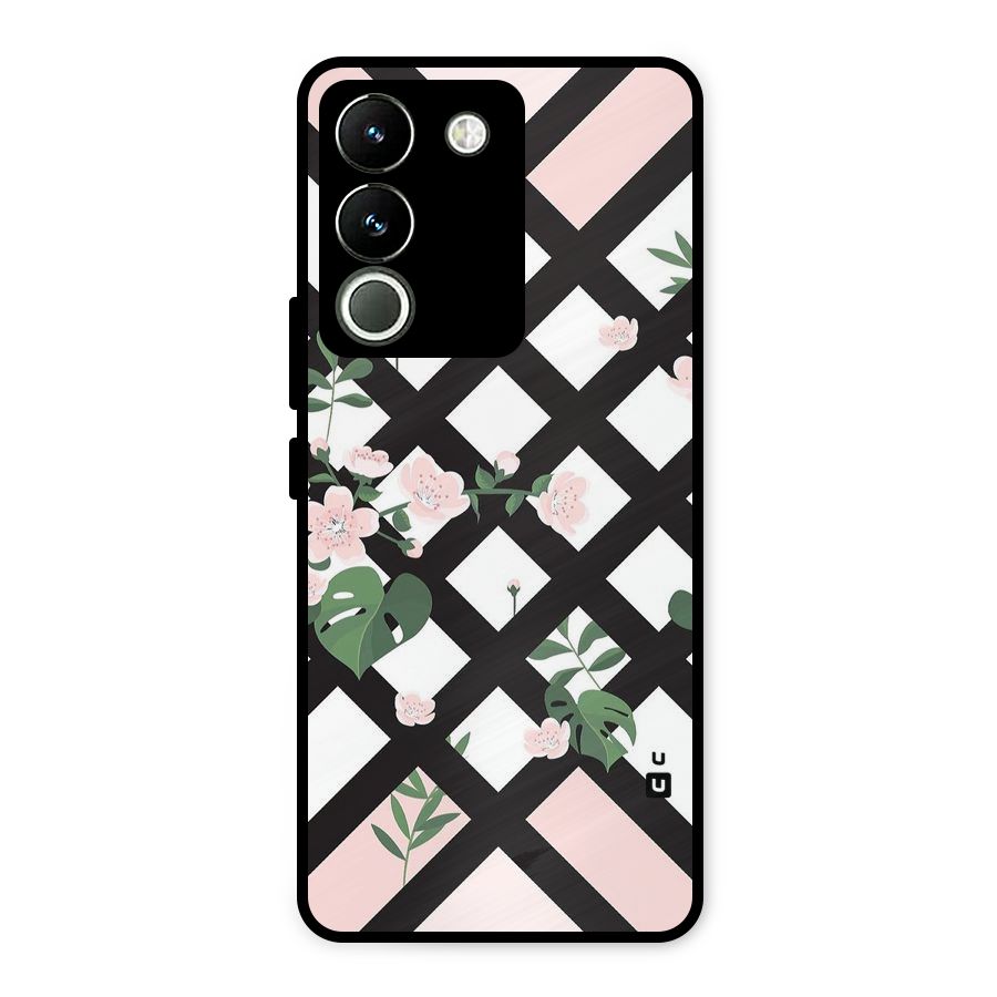 Check Floral Stripes Metal Back Case for Vivo Y200