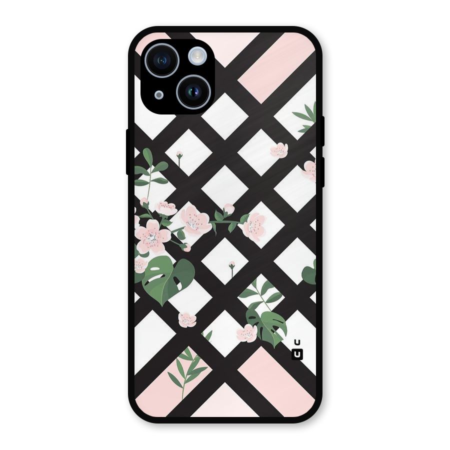 Check Floral Stripes Metal Back Case for iPhone 14