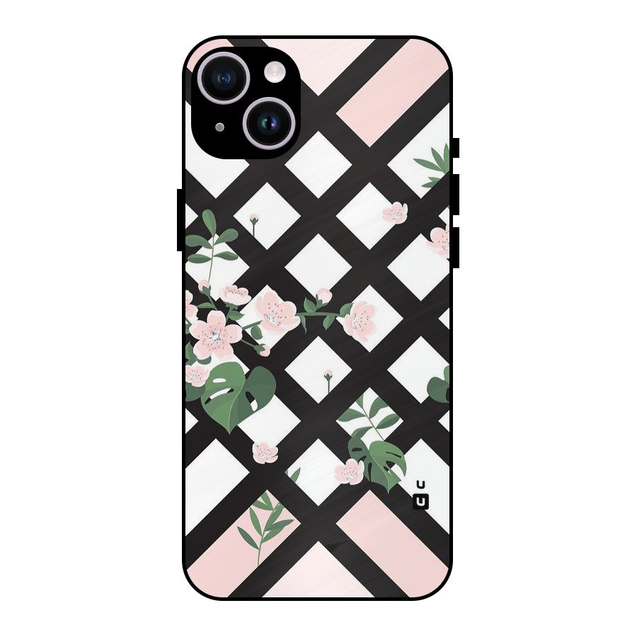 Check Floral Stripes Metal Back Case for iPhone 14 Plus