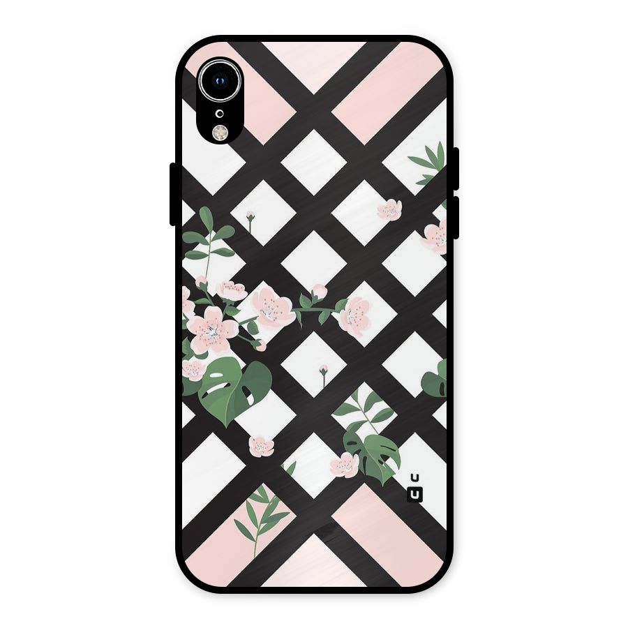 Check Floral Stripes Metal Back Case for iPhone XR