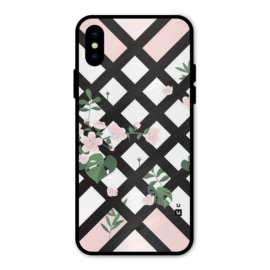 Check Floral Stripes Metal Back Case for iPhone XS