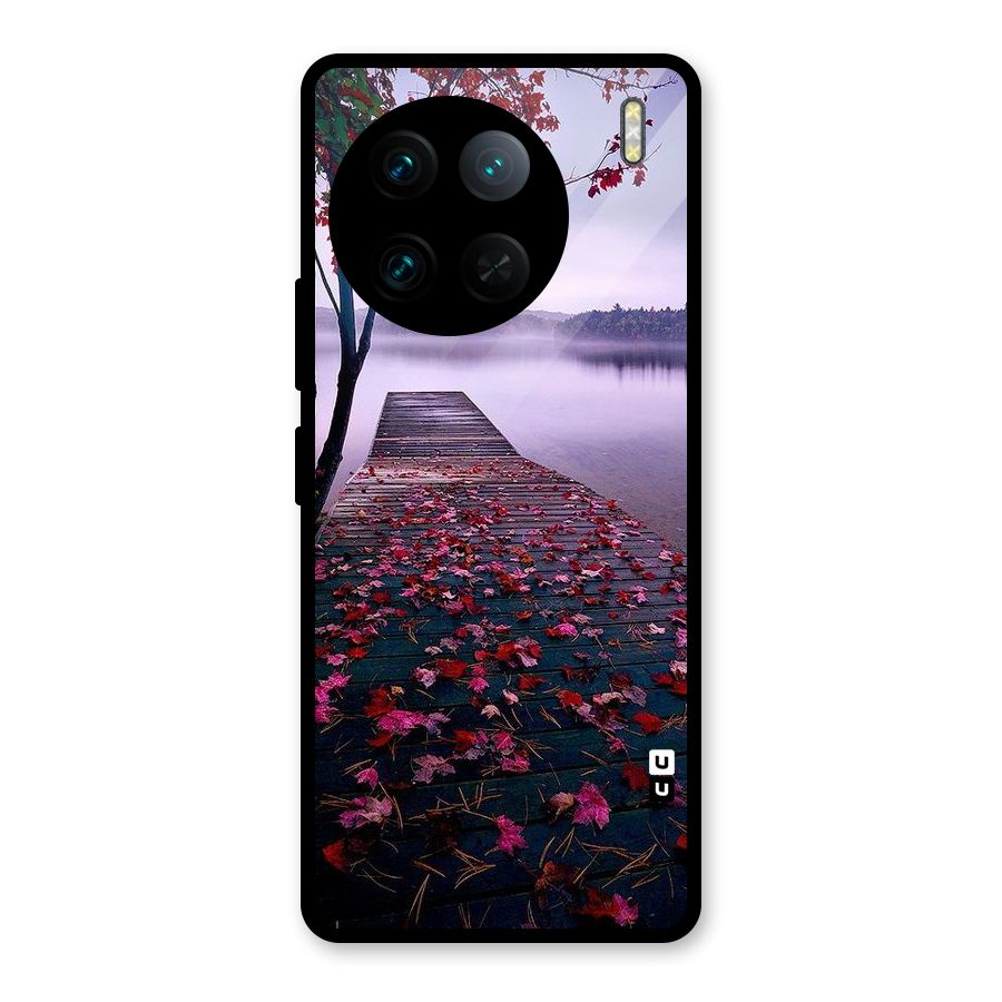 Cherry Blossom Dock Glass Back Case for Vivo X90 Pro