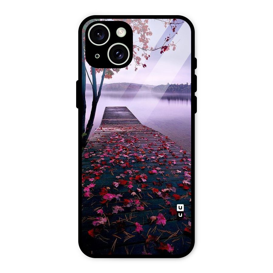 Cherry Blossom Dock Glass Back Case for iPhone 15 Plus