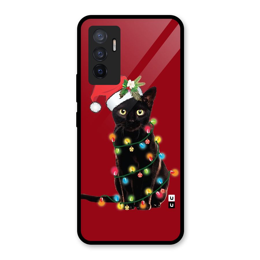 Christmas Cap Cat Glass Back Case for Vivo V23e