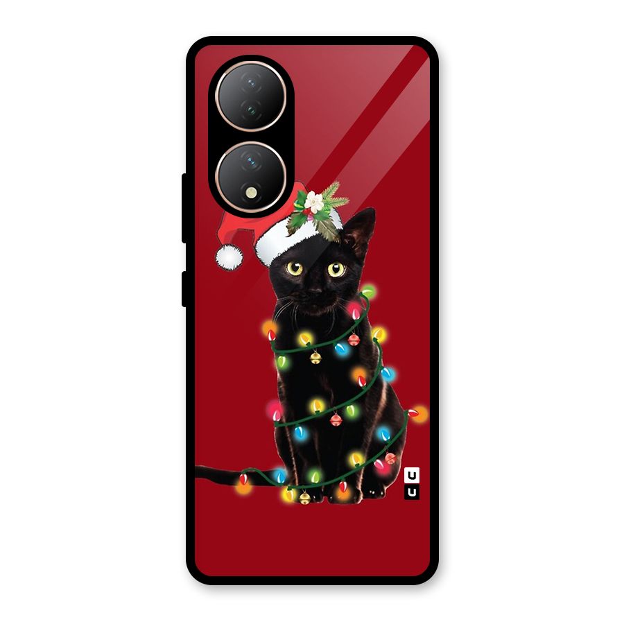 Christmas Cap Cat Glass Back Case for Vivo Y100A