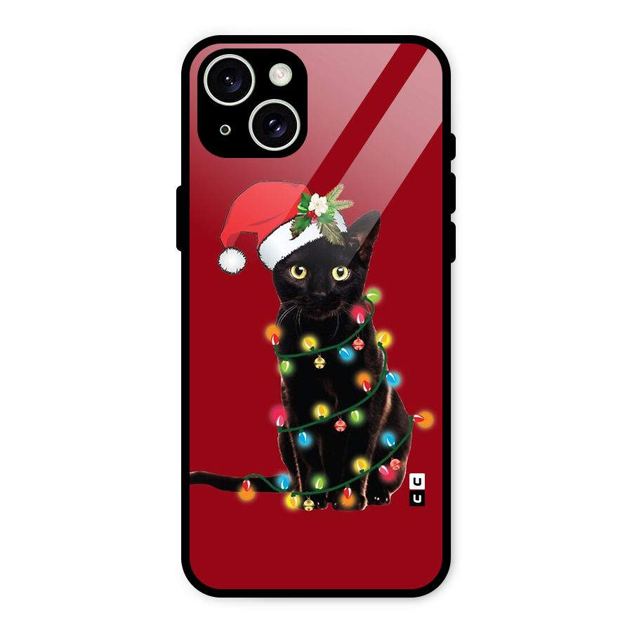 Christmas Cap Cat Glass Back Case for iPhone 15 Plus