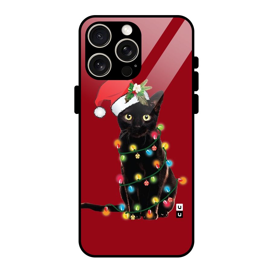 Christmas Cap Cat Glass Back Case for iPhone 15 Pro Max