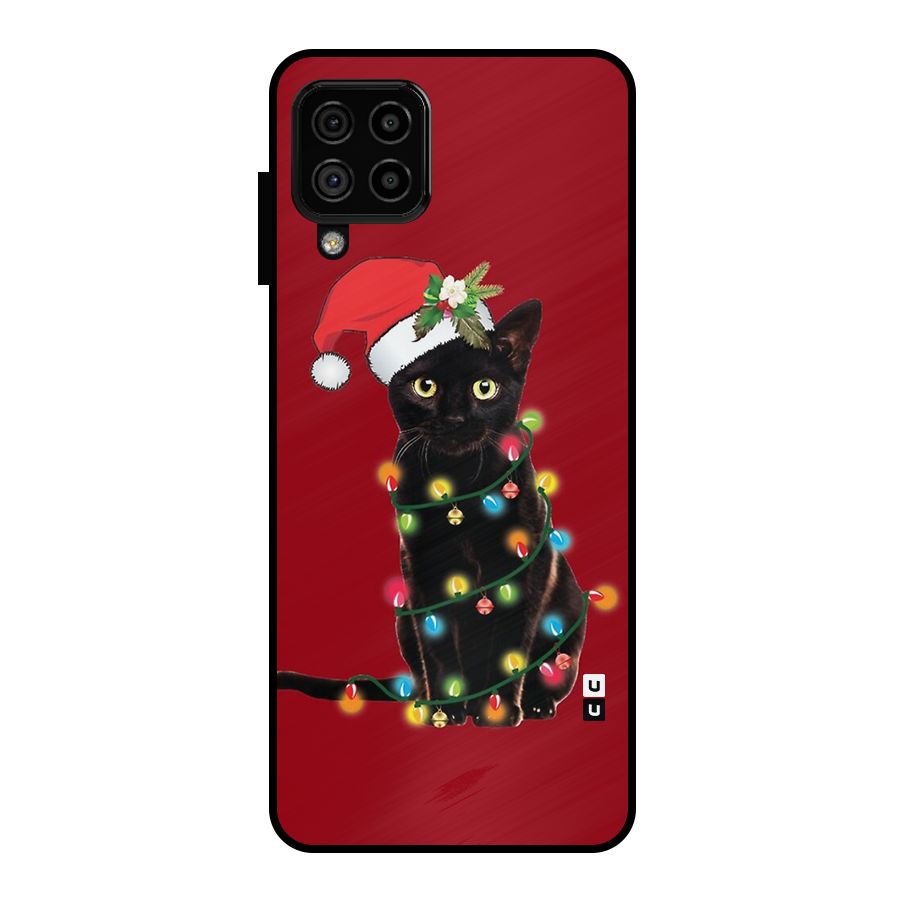 Christmas Cap Cat Metal Back Case for Galaxy A22 4G