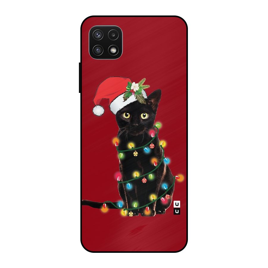 Christmas Cap Cat Metal Back Case for Galaxy A22 5G