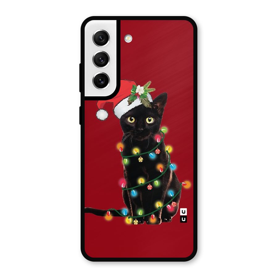 Christmas Cap Cat Metal Back Case for Galaxy S21 FE 5G