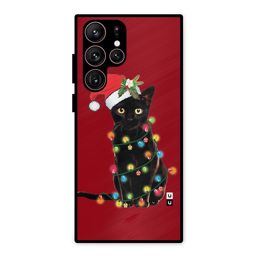 Christmas Cap Cat Metal Back Case for Galaxy S22 Ultra 5G