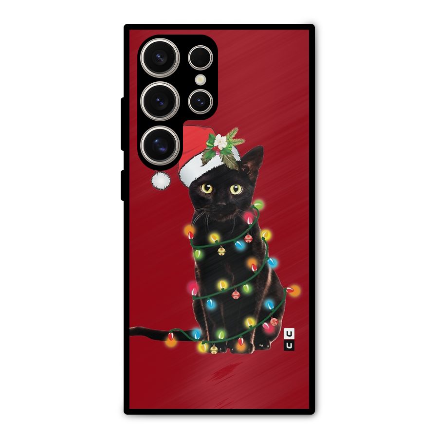 Christmas Cap Cat Metal Back Case for Galaxy S24 Ultra