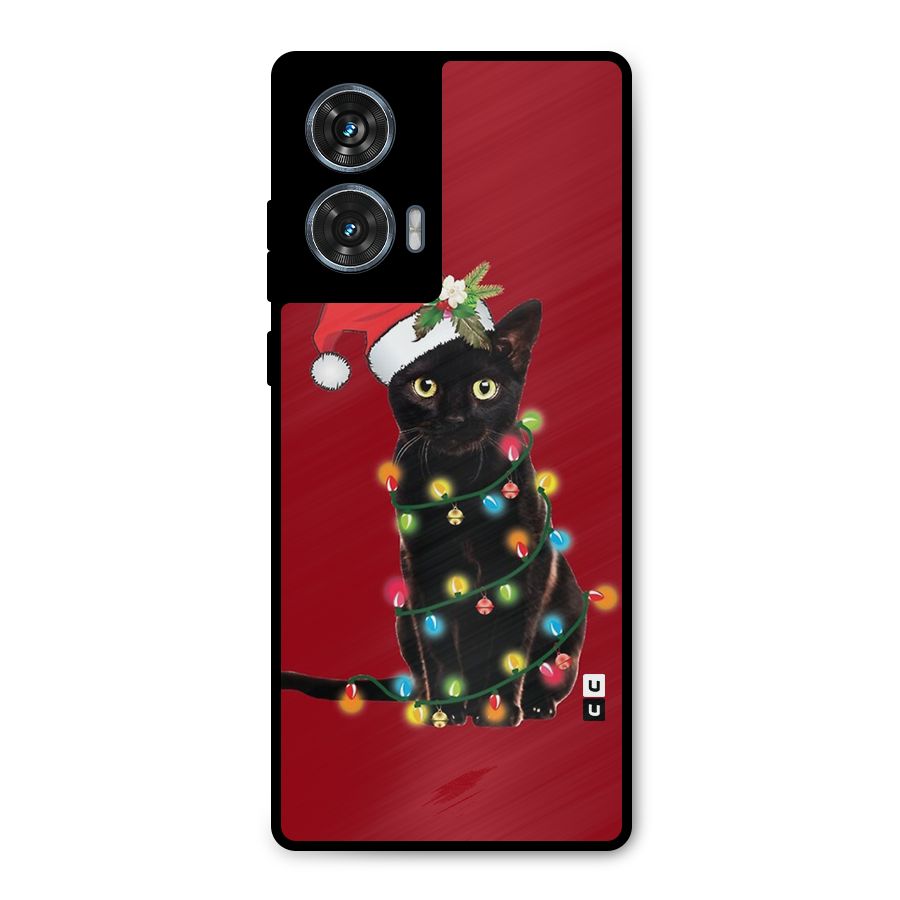 Christmas Cap Cat Metal Back Case for Motorola Edge 50 Fusion