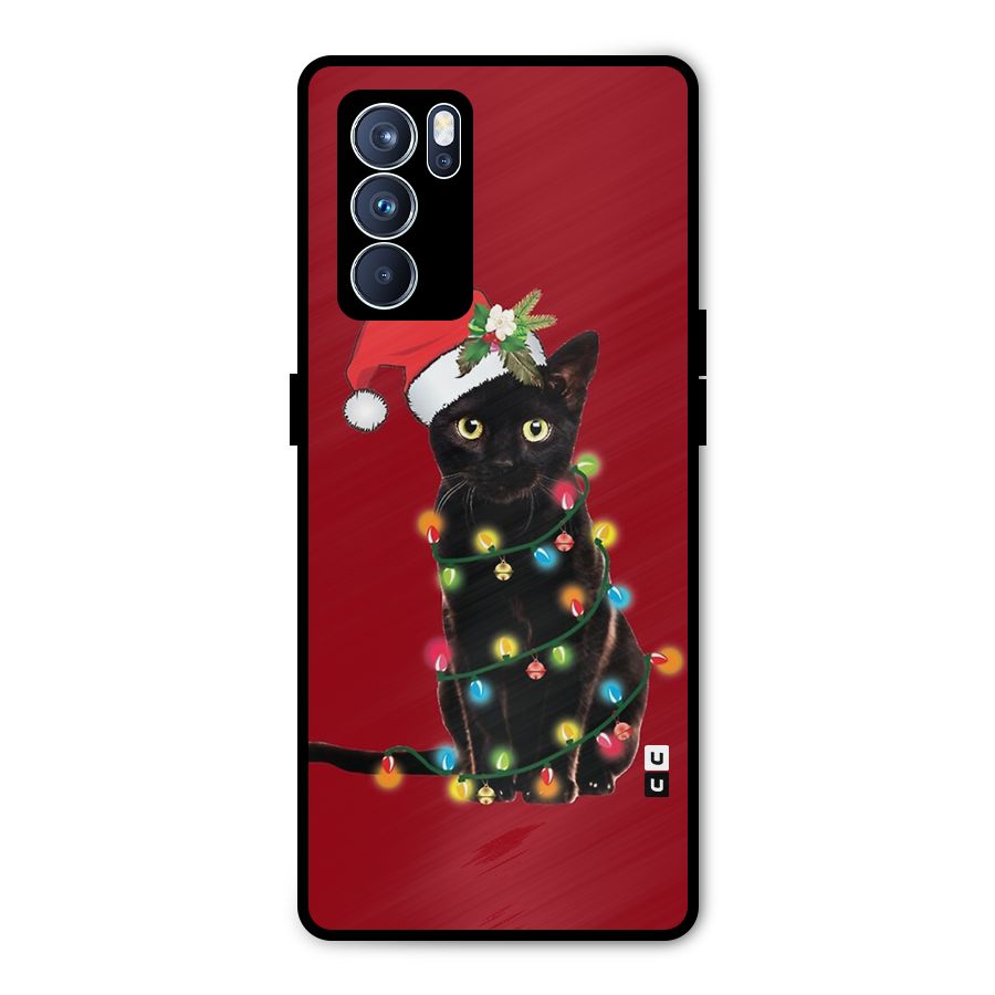 Christmas Cap Cat Metal Back Case for Oppo Reno6 Pro 5G