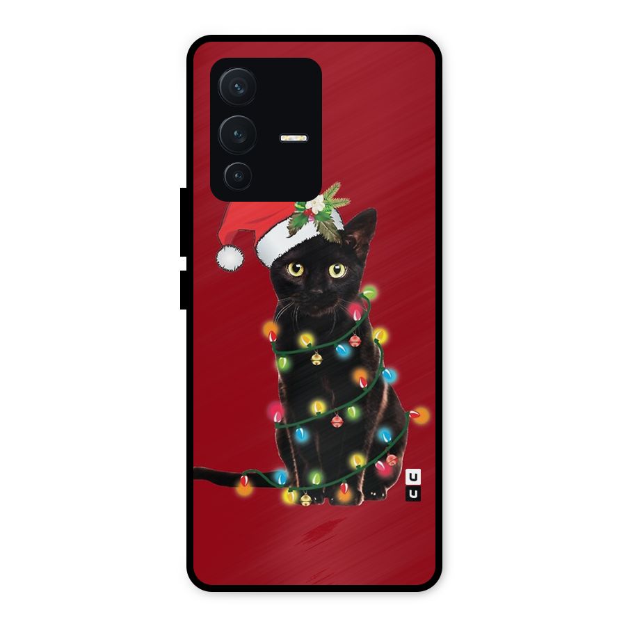 Christmas Cap Cat Metal Back Case for Vivo V23 5G