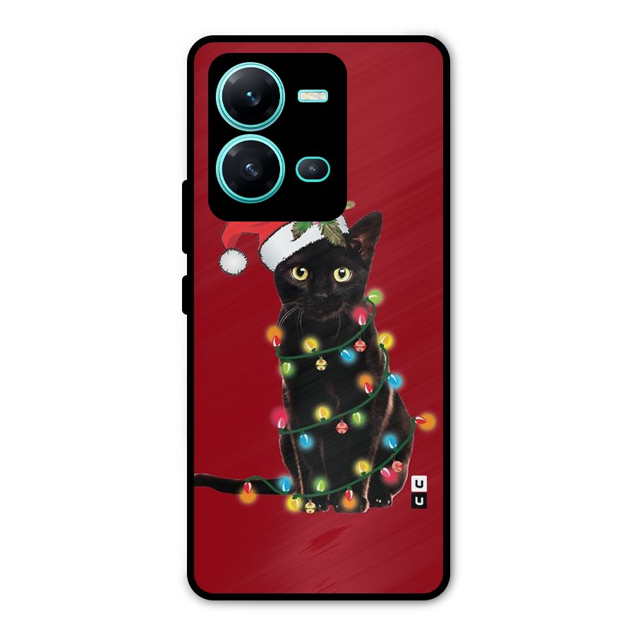 Christmas Cap Cat Metal Back Case for Vivo V25
