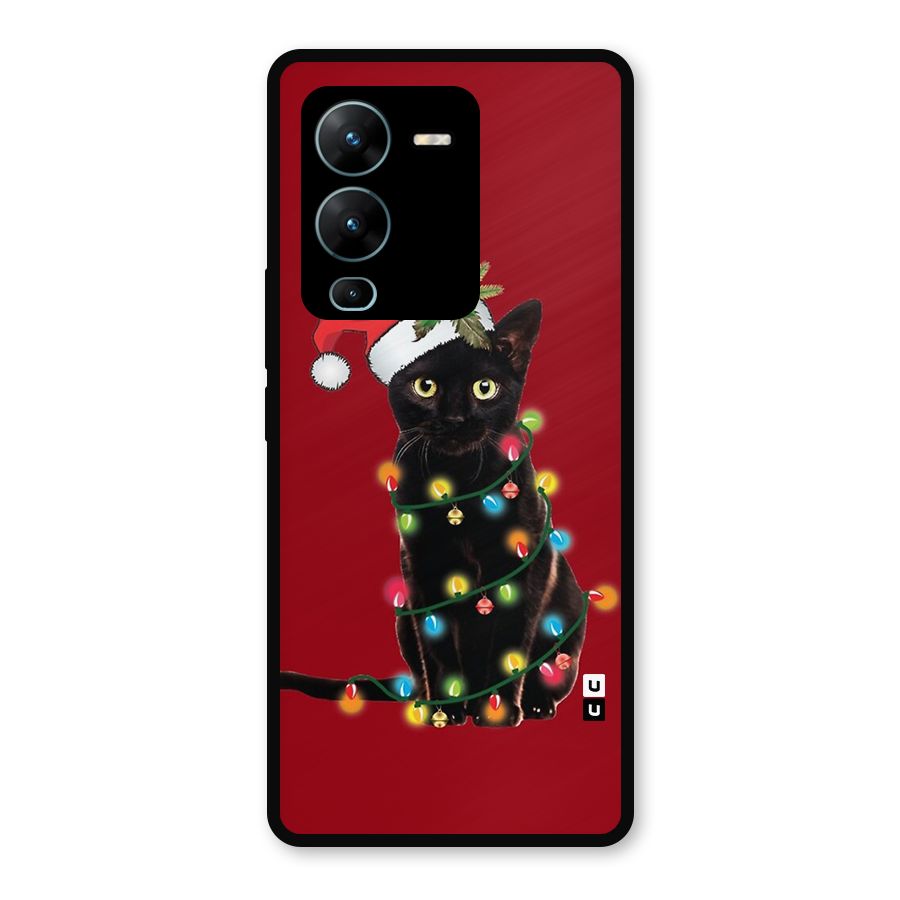 Christmas Cap Cat Metal Back Case for Vivo V25 Pro