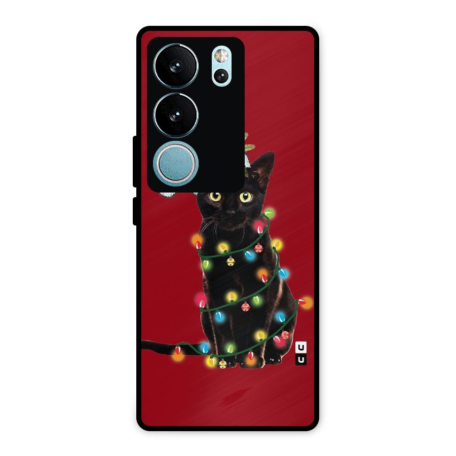 Christmas Cap Cat Metal Back Case for Vivo V29